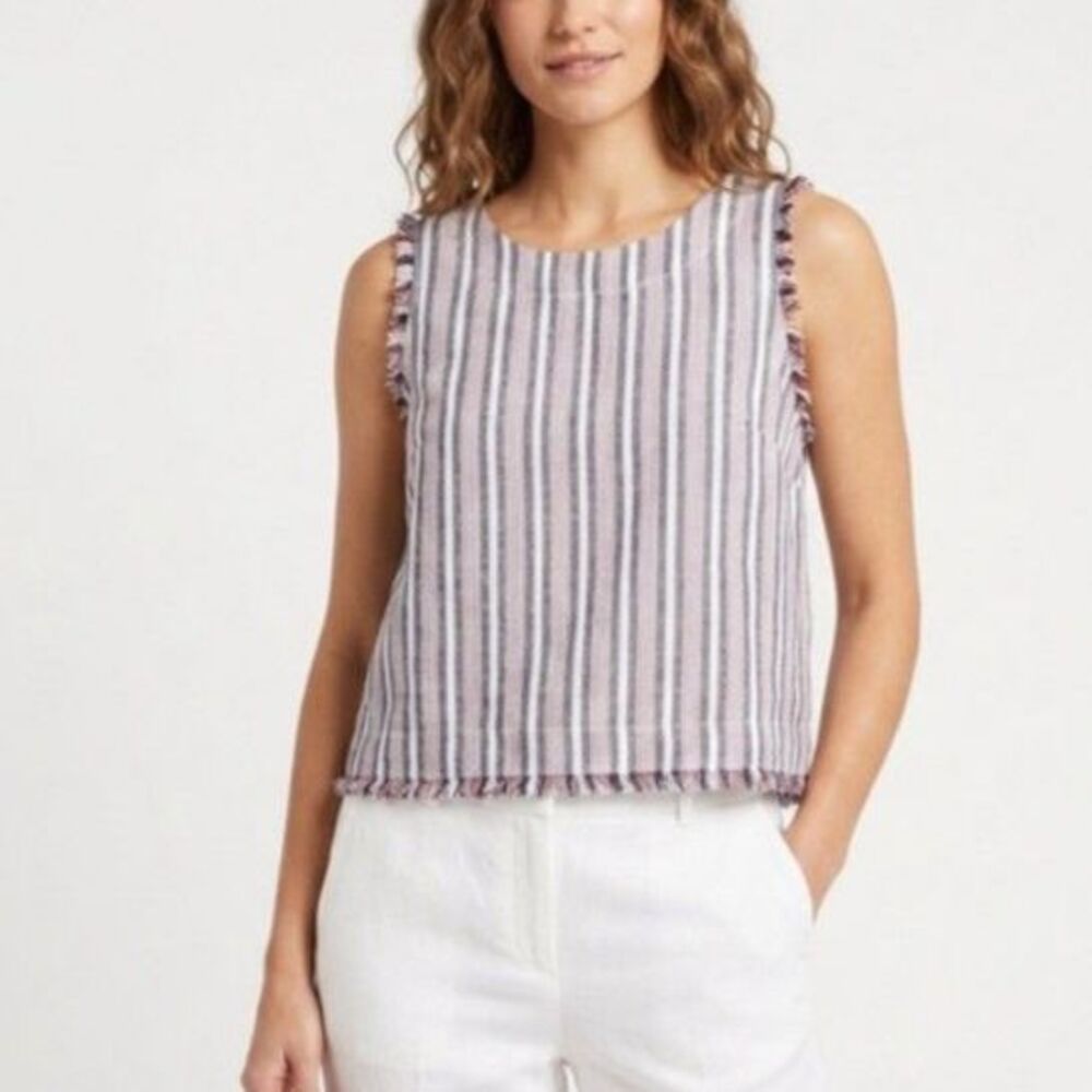Bella Dahl Womens Gray Red Stripe Sleeveless Fray Edge Button Back Crop Top Sz S